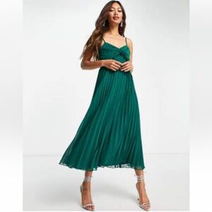NWT ASOS Twist Front pleated cami midi dress in forest green